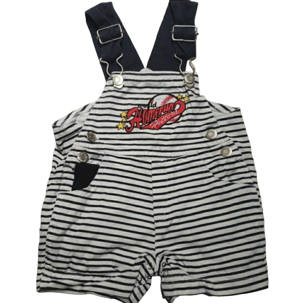 3/$20 Vintage cotton striped shortalls short overalls, size 3 to 6 months unisex